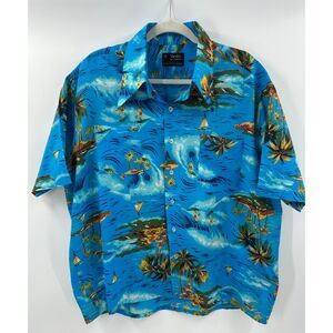 VTG Van Cort Hawaiian Shirt Men's Blue Palm Tree Surfer Print Aloha XL
